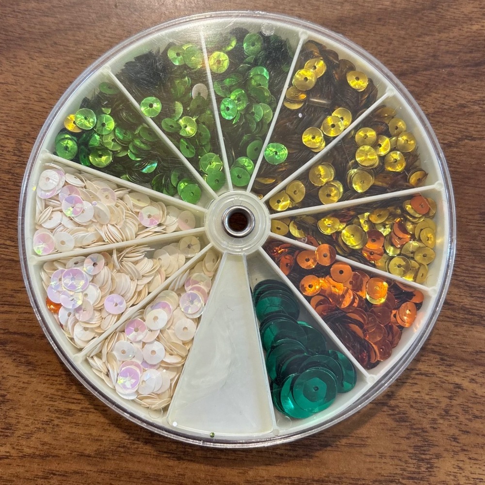 Loose Sequins in Rotating Storage Wheel Green Gold Orange Iridescent 4" 1990s